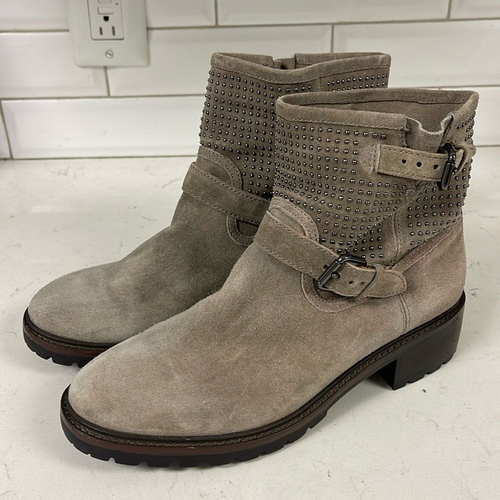 COACH Suede Leather 'GATES' MOTO STUDDED LOW BOOTS Size 8.5 Gray